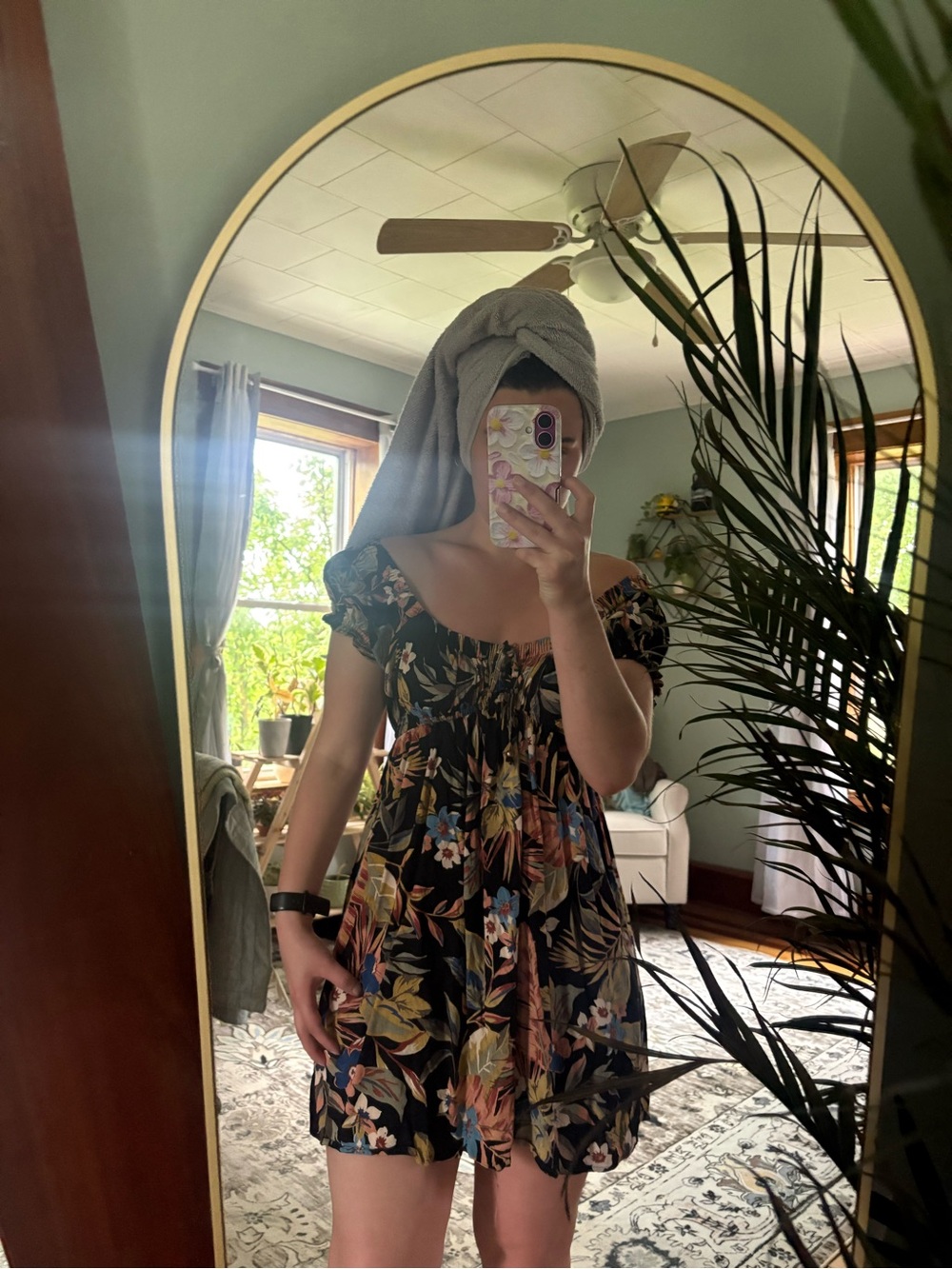 Floral Black Puff off the Shoulder-Sleeve Mini Dress - worn once